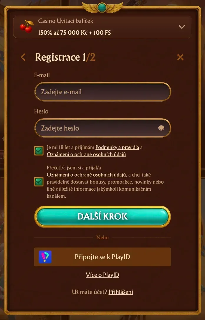 Registrační formulář v kasinu Amunra